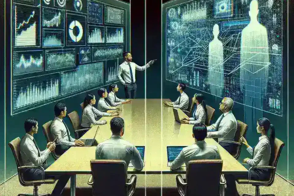 "Business team meeting illustrating the growing trust gap between managers and tech teams, highlighting challenges in confidence and collaboration for business success."