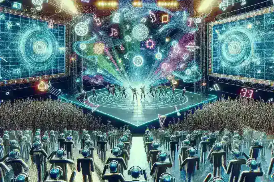 "Spotify introduces AI-generated live concert experiences in virtual reality, featuring vibrant immersive visuals and a virtual audience, showcasing the future of music entertainment."