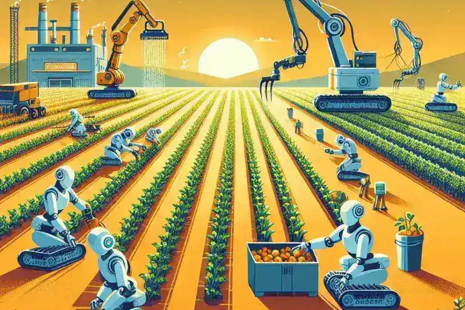 "Robotic arm harvesting crops in a modern agricultural field, showcasing innovative technology enhancing food production efficiency in sustainable farming practices."