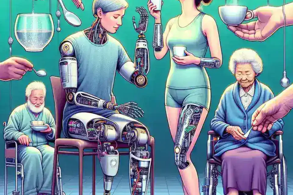 "AI-powered robotic prosthetic arm with advanced sensory feedback technology, showcasing realistic hand movements and functionality in a clinical setting."