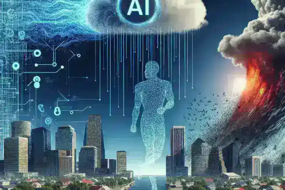 "Amazon Web Services logo with a background graphic depicting AI technology and disaster recovery symbols, illustrating the launch of AI-powered disaster recovery services in the U.S."